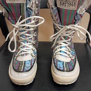 Coach Ladies Multicolor Striped Lace-Up Winter Boots with White Trim
